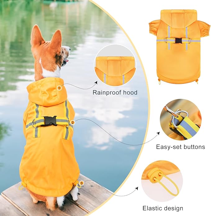 BEAUTYZOO Dog Raincoat with Harness Built-in for Small Medium Dogs and Puppies Boys Girls, Dog Rain Jacket Hooded Slicker Poncho Waterproof Reflective Dog Clothes for Winter Cold Rainy Snowy Days, M