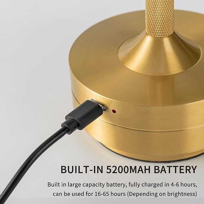 Gold Brushed LED Desk Lamp with Touch Control, 3 Color Modes, Dimmable, Built-in 5200mAh Battery, Eye-Friendly Flicker-Free Lighting, USB Type-C, Non-Slip Base