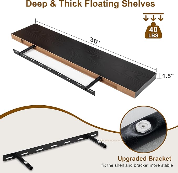 Fun Memories Floating Shelves for Wall, 36Inch Floating Shelves Set of 2, Hanging Shelf with Invisible Brackets, Bathroom Shelves for Living Room, Bedroom, Kitchen- Black
