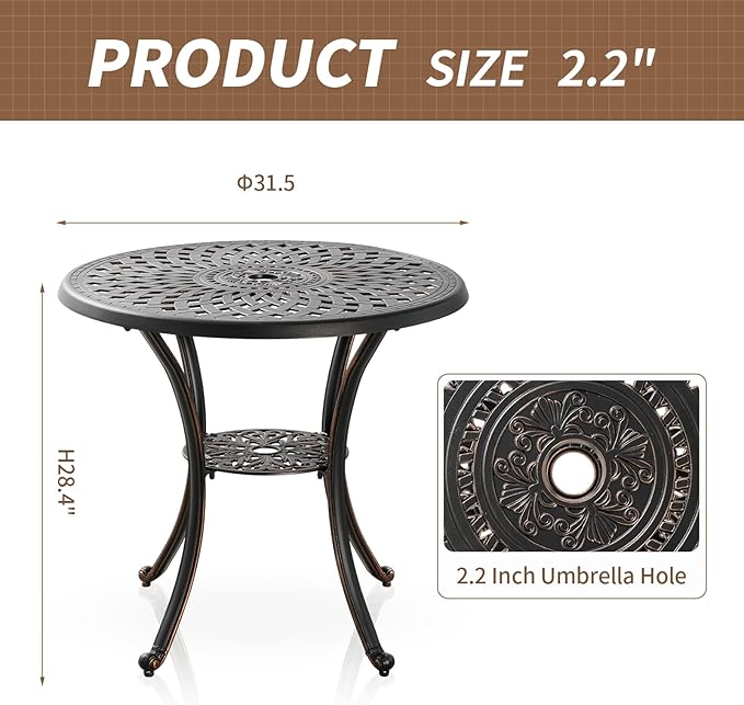 31.5" Cast Aluminum Patio Table with 2.2" Umbrella Hole,Anti-Rust Outdoor Patio Dining Tables,Round Metal Patio Table for Indoor,Garden,Porch,Bronze