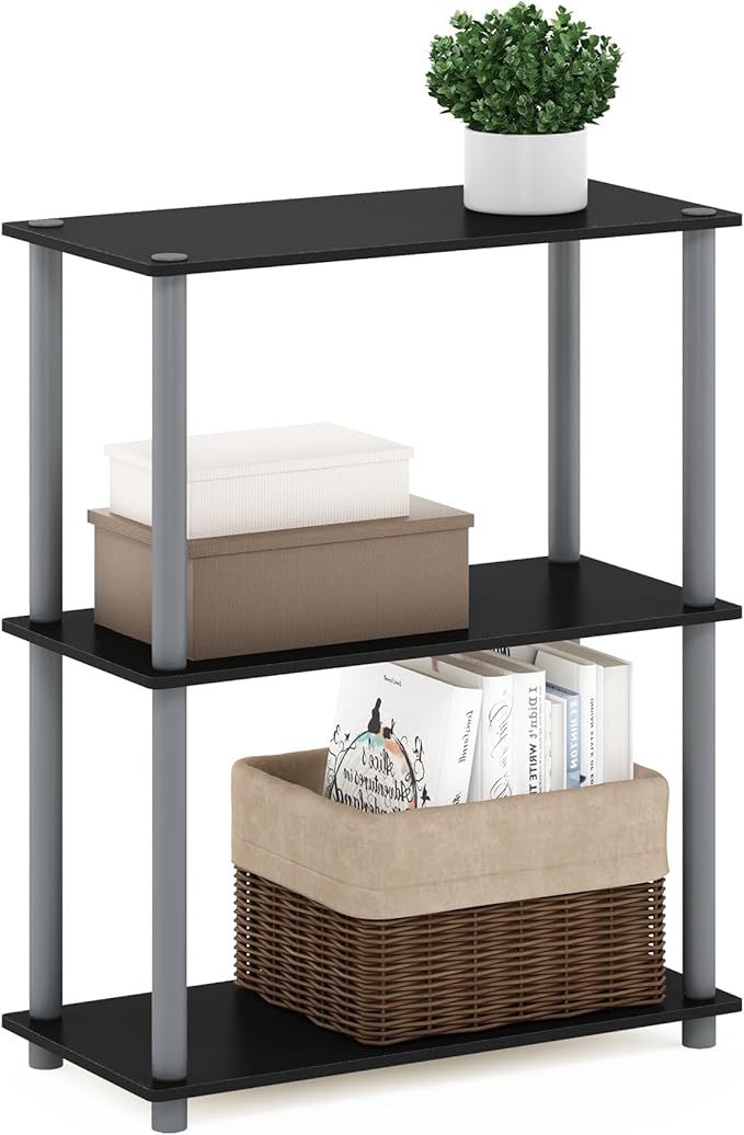 Furinno TURN-N-TUBE Storage Shelves, 3-Tier Book Shelf, Corner Shelf, Toolless Open Shelves, for Organization and Storage, Living Room, Garage, Home Office, Black