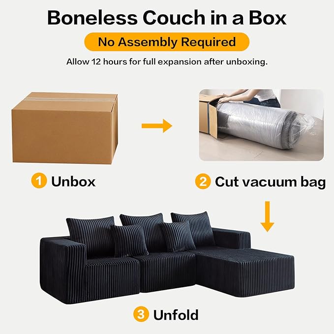 Boneless Sectional Sofa, 100.7" Cloud Couch with Wide-Wale Corduroy, Deep Seat L Shaped Couch, All-Foam Filled Compressed Sofa for Living Room (Black, Corduroy)