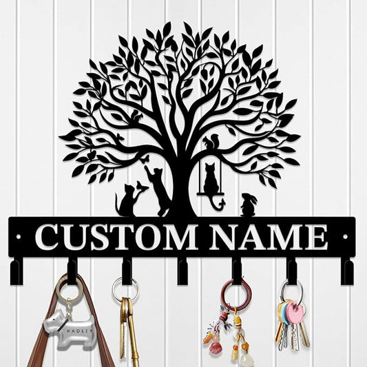 Life Tree Key Hook - Customized Metal Wall Organizer with Name Engraving, Black Iron Home Decor for Themed Collectors (Style A)