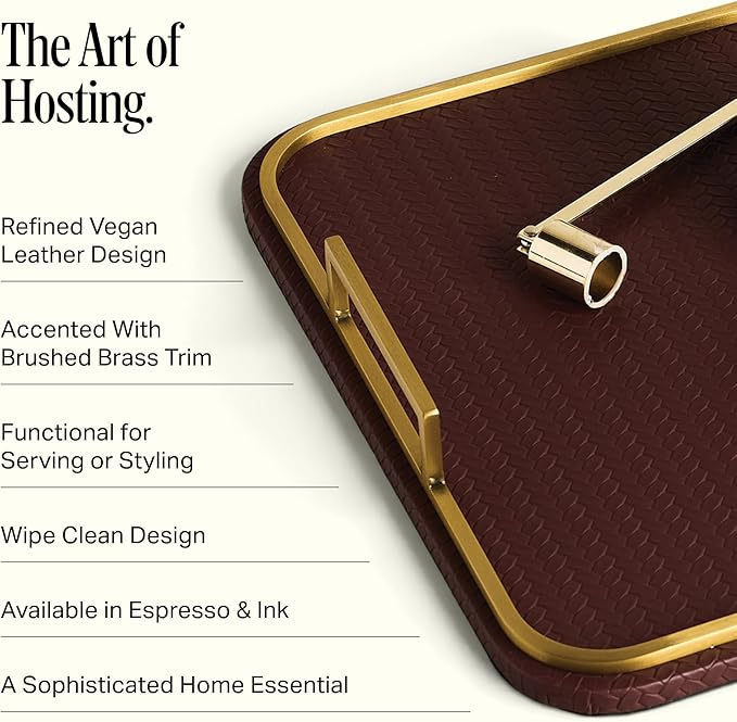 Preston Lane Mayfair Decorative Tray – Vegan Leather with Woven Texture, Brushed Brass Handles – Serving, Dresser & Coffee Table Tray, Espresso