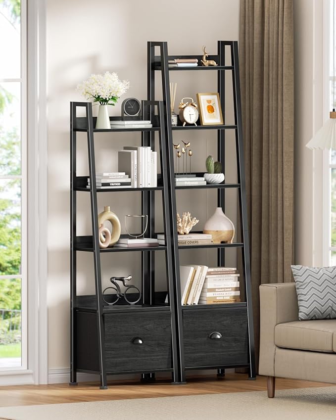 Furologee 6 Tier Ladder Shelf,Ladder Bookshelf with Drawer,Industrial Tall Bookcase,Storage Rack Organizer,Wood Metal Freestanding Shelves for Living Room, Home Office, Bedroom,Black Oak