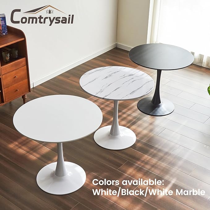 Round Dining Tulip Table for 2, Mid-Century Modern Table with Sturdy Metal Pedestal for Kitchen, Bistro, Cafe, Leisure (Faux Marble White, 24 INCH)