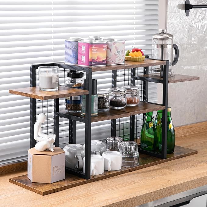 Y YOMA Desktop Bookshelf, 3 Tier Wood Desk Shelf for Top of Desk, Compact Vertical Storage Desk Organizer & Display Rack for Home Office Dorm, Rustic Brown