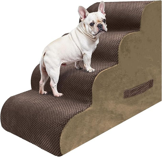PAWSCART Dog Stairs for Small Dogs and Cats, 4-Step Dog Steps for Bed, 19.6" H Pet Stairs for High Bed, Pet Ramp for Couch, Sofa, Non-Slip Surface Removable Washable Cover, Brown