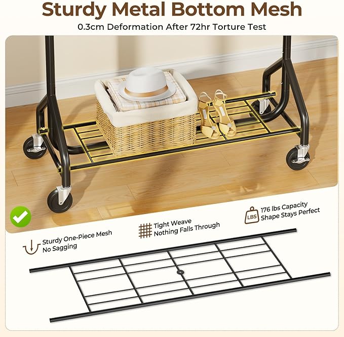 Heavy-Duty 450LBS Capacity Metal Clothes Rack，Rolling Clothing Rack with Wheels & Shelves, Portable Standing Wardrobe Rack for Hanging Clothes, Black