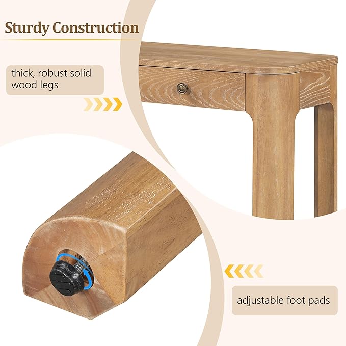 Merax 52" Console Table with 3 Drawers, Rustic Entryway Table with Curved Corners, Narrow Long Sofa Table for Living Room, Hallway, Entrance, Behind Couch, Foyer, Sturdy Thick Legs, Natural