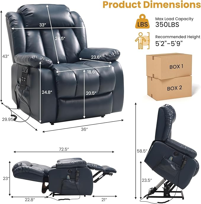 PARKOL Dual Motor Power Lift Recliner Chair for Elderly, 180-Degree Infinite Position Lay Flat Leather Recliner Chairs, with Massage and Heating, USB & Type-C Port and Remote (Dark Blue, Medium)