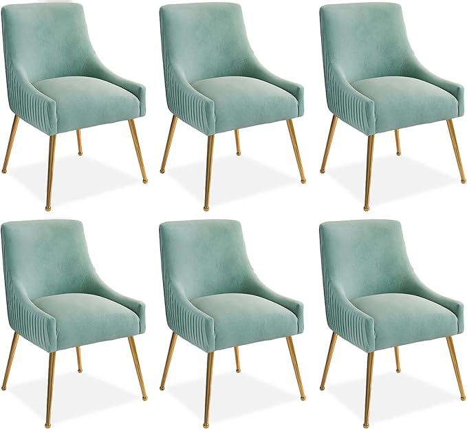 Dining Chairs, Accent Chairs Set of 6, Modern Upholstered Kitchen Dining Room Chairs with Gold Legs, Fabric Tufted Velvet Living Room Chairs for Reception Room Bedroom Guest Room (Green)