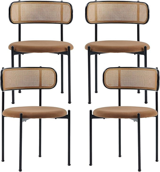 Rattan Dining Chairs Set of 4, Mid Century Modern Dining Chairs with Cane Back and Boucle Upholstered Seat, Farmhouse Kitchen Chairs for Dining Room and Living Room, Brown