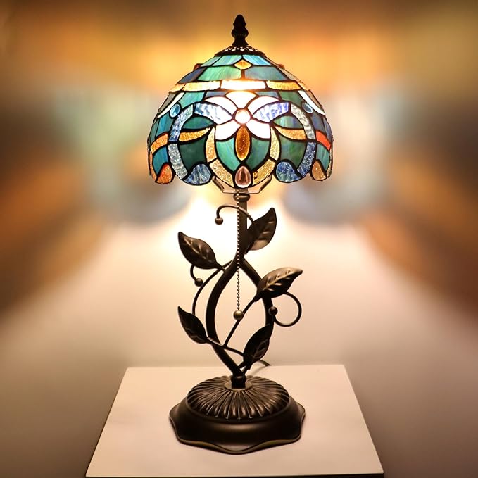 Small Tiffany Lamp Sea Blue Baroque Style Stained Glass Table Lamps Desk Bedside Reading Light 8X8X18 Inches with Bronze Metal Leaf Resin Base