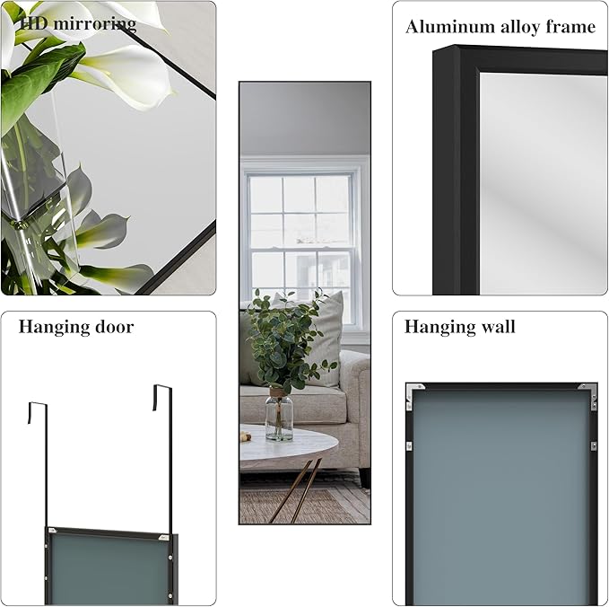 ANYHI Over The Door Mirror, 60"x18" Black Full Length Mirror with 2 Hooks, Door Hanging or Wall Mounted, Aluminum Frame, for Bedroom Bathroom
