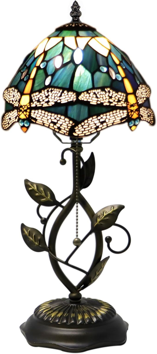 Small Tiffany Lamp Yellow Dragonfly Style Stained Glass Table Lamps Desk Bedside Reading Light 8X8X18 Inches with Bronze Metal Leaf Resin Base