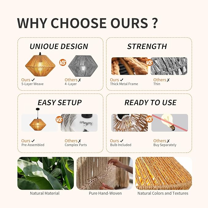 10''Natural Rattan Chandelier Pendant Lights -Small Farmhouse Boho Rattan Hanging lamp with Included E27 Bulb, 120V Wicker Pendant Lamps for Dining Room Kitchen Bedroom Living Room Island