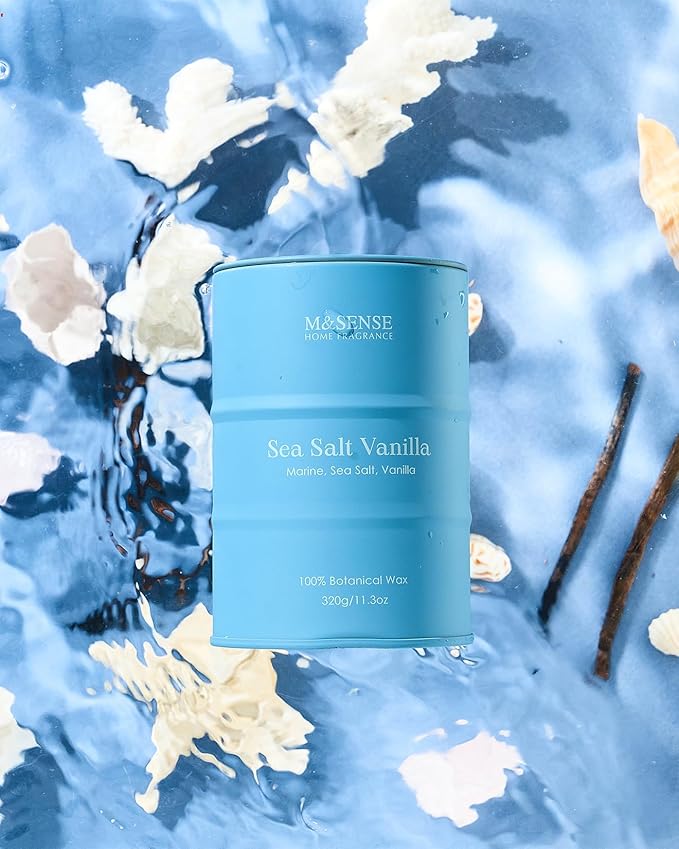 M&SENSE Sea Salt Vanilla Beach Scented Candles, Coastal Soy Candle, Summer Candle for Stress Relief Meditation Relaxing, Housewarming Gifts for Women Men, 11.3oz 70 Hour Long Burning