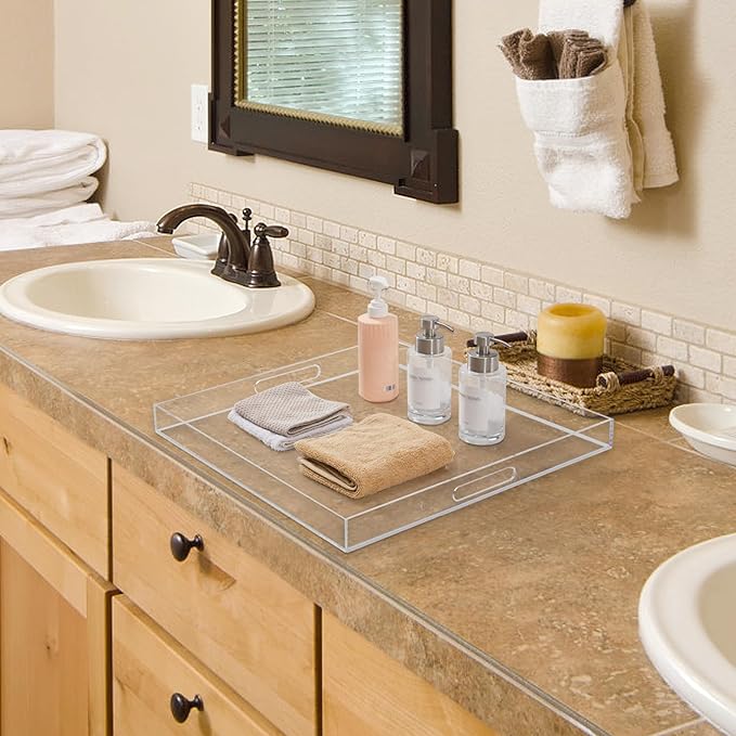 22×22 inches Oversized Clear Acrylic Ottoman Tray Extra Large Decorative Tray Spill-Proof Serving Trays with Handles King-Size Safe Edge Organizer for Coffee Table Countertop Breakfast