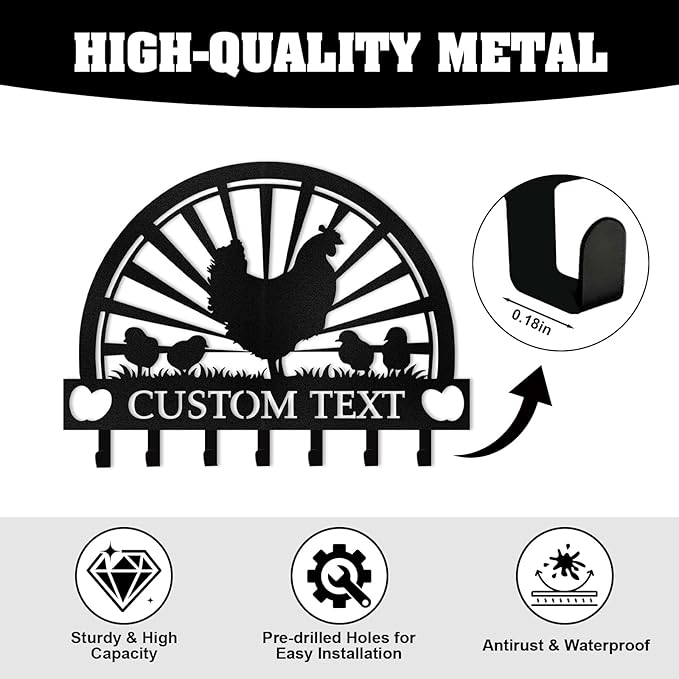 Personalised Metal Key Holder for Wall, Roosters Hens Key Holder Wall Mount, Chicken Wall Art Decor, Key Organizer Hanger for Kitchen Farmhouse Hallway Office, Housewarming Gifts