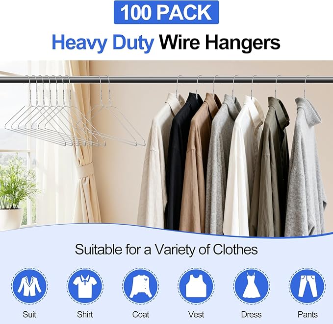 Wire Metal Hangers Bulk 100 Pack, Clothes Hangers Heavy Duty for Coats, Suits, Shirts, Pants, Skirts, Space Saving, Non Slip, Ultra Thin, 16 Inch, Silver