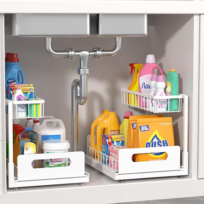 2 Pack Under Sink Organizer, 2 Tier Pull Out Cabinet Organizer,Slide out Metal Cabinet Organizers Multi-Purpose Drawer Shelf for Kitchen Bathroom Pantry Cabinet Closet Organization Rack,White