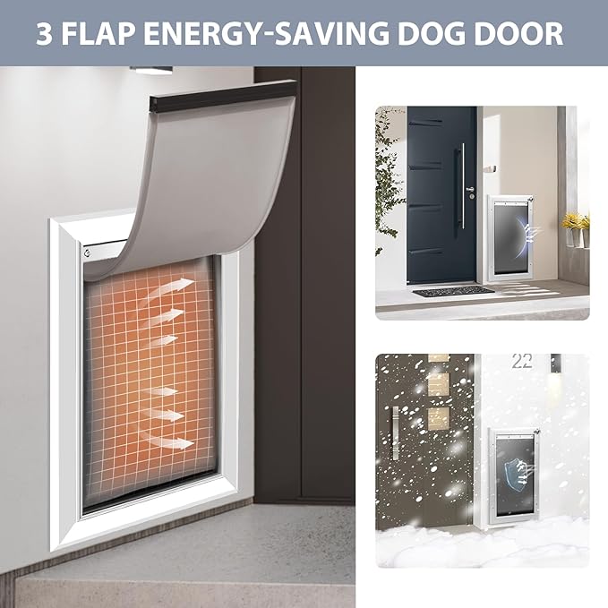 [Petoasis] Heavy Duty Aluminum Dog Door with Lock,3 Flap Insulated Doggie Doors with Installation Manual,Durable and Rust Resistant, Patent: USD1057087S, (Silvery White, Large for Wall)