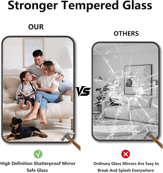 Koonmi Bathroom Mirror, 26X38 Brushed Black Rectangle Wall Mirror, HD Tempered Glass, Anti-Rust Frame Vanity Mirror, Rounded Rectangle Mirror for Restroom, Bedroom, Hangs Horizontal or Vertical