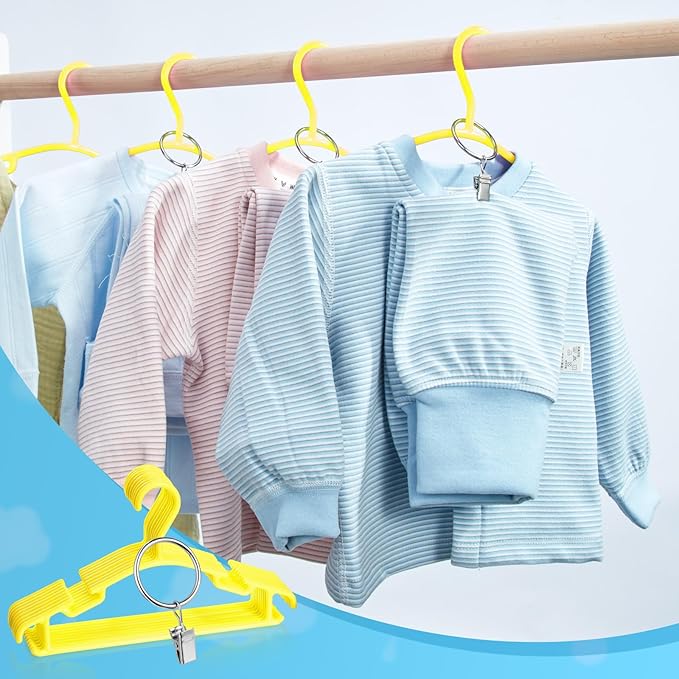 Baby Hangers with Metal Ring Clips, Children Plastic Hanger for Kids Pants Clothes Closet, 20 Pack, Yellow
