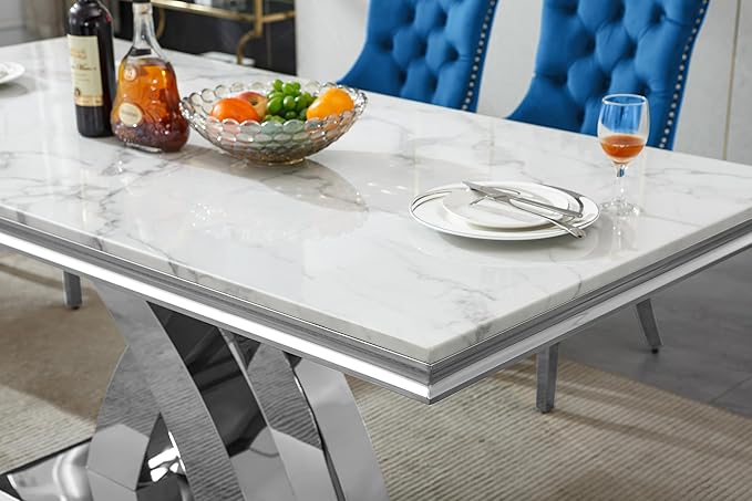 Goujxcy 5-Piece Dining Table Set Modern Faux Marble Dining Table Set for 4, Luxury 68" Long Faux Marble Kitchen Table with 4 Velvet Upholstered Chairs, Mirrored Stainless Steel Base