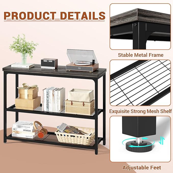 47" Console Table with Storage, 3-Tier Narrow Entryway Table, Sofa Table with Mesh Shelves, Console Tables for Living Room, Bedroom, Hallway, Entryway, Foyer, Oak Grey