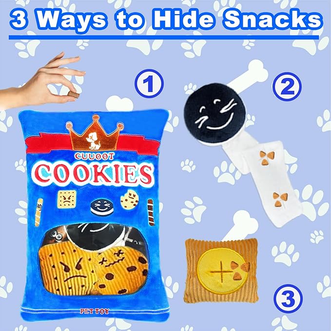 Treat Dispensing Dog Toys, Crinkle Squeaky Interactive Dog Toys, Enrichment Treat Puzzle Pet Toys for Medium, and Large Dogs (Cookie)