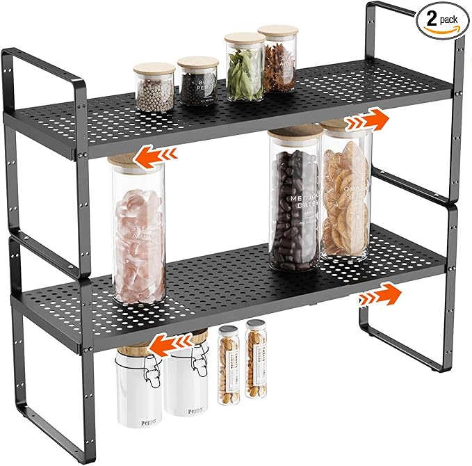 2Pack 16.5-27’’L Expandable Cabinet Countertop Shelf Organizer, Stackable Metal Shelves, Kitchen Organizers and Storage, Black Storage Spice Rack for Pantry and Cupboard