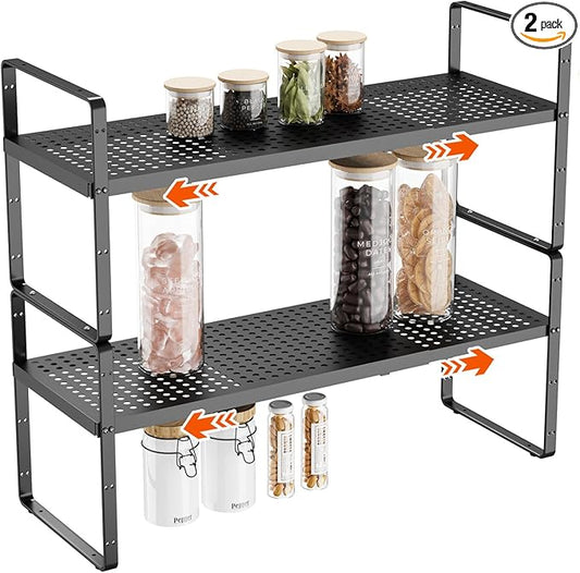 2Pack 16.5-27’’L Expandable Cabinet Countertop Shelf Organizer, Stackable Metal Shelves, Kitchen Organizers and Storage, Black Storage Spice Rack for Pantry and Cupboard