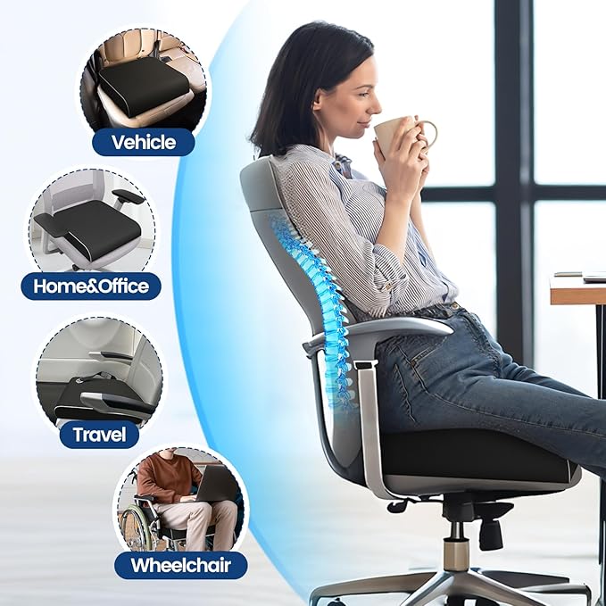 Seat Cushion for Tailbone Pain Relief, Office Chair Cushion, Memory Foam Large Chair Cushion with Non-Slip Cover for Soft Support at Office Chair, Car Seat, Airplane Black/Large