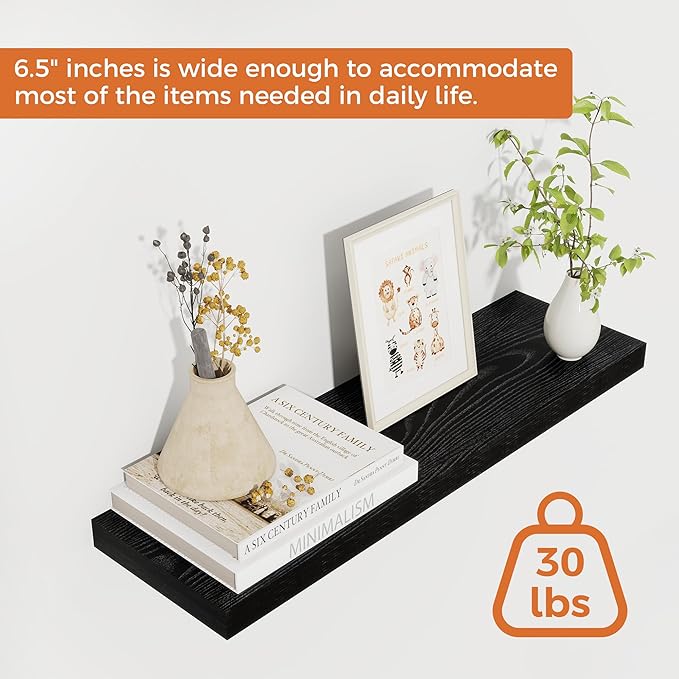 Fun Memories Floating Shelves for Wall, 22.5" Rustic Wood Deep Wall Mounted Shelves with Invisible Brackets for Decor & Storage, Floating Shelf for Living Room, Bathroom (Black, Set of 2)