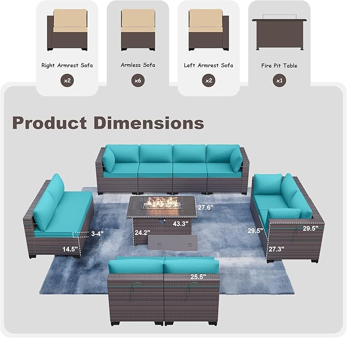 Kurapika 11 Pieces Patio Furniture Set, Rattan Wicker Outdoor Conversation Sets w/43in Propane Fire Pit Table and 4 Inch Cushion(Blue)