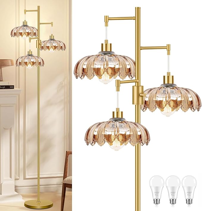 Dimmable Floor Lamp for Living Room Bedroom-3 Light Gold Floor Lamp with Glass Lampshape, Flower Tall Lamp Mid Century Modern Standing Lamp Glass Tree Floor Lamps for Living Room Bedroom,Corner