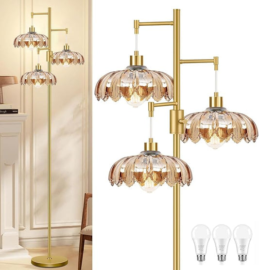 Dimmable Floor Lamp for Living Room Bedroom-3 Light Gold Floor Lamp with Glass Lampshape, Flower Tall Lamp Mid Century Modern Standing Lamp Glass Tree Floor Lamps for Living Room Bedroom,Corner