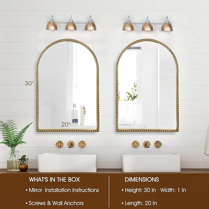 Arched Wall Mirror for Bathroom, 20"x30" Metal Beaded Frame Decorative Accent Mirror, Large Modern Distressed Hanging Wall Decor for Washroom, Bedroom, Living Room, Entryway, Antique Gold