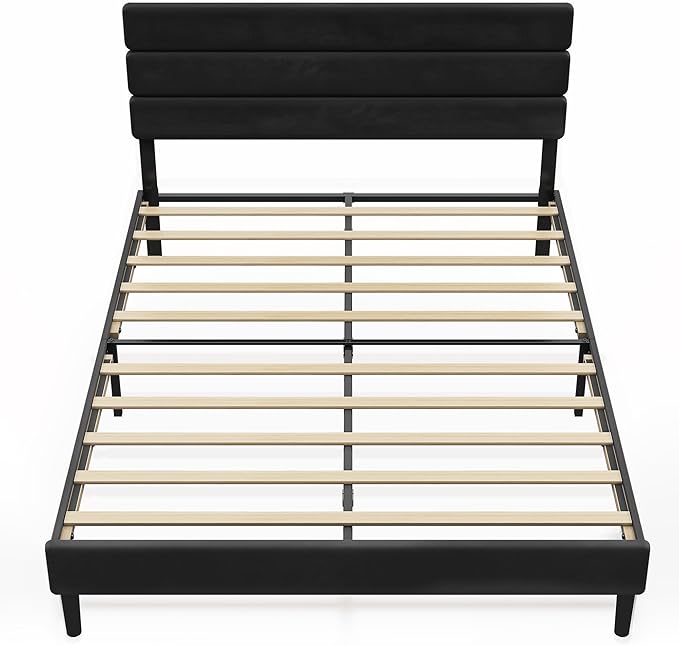 WLIVE Queen Size Upholstered Bed Frame, Velvet Square Tufted Headboard,Sturdy Metal & Wooden Slats Support, No Box Spring Needed, Black