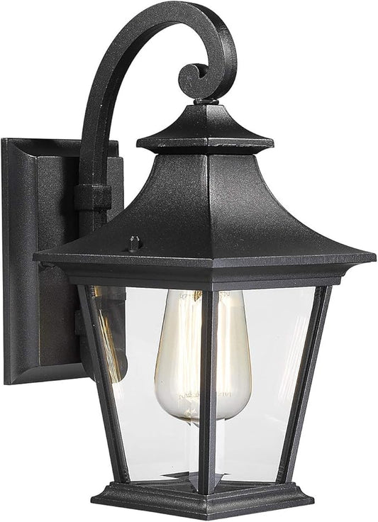 Emliviar Outdoor Porch Light, Modern Outside Wall Light Fixture for House Garage, Clear Glass in Black Finish, 12" Height, XE219B BK