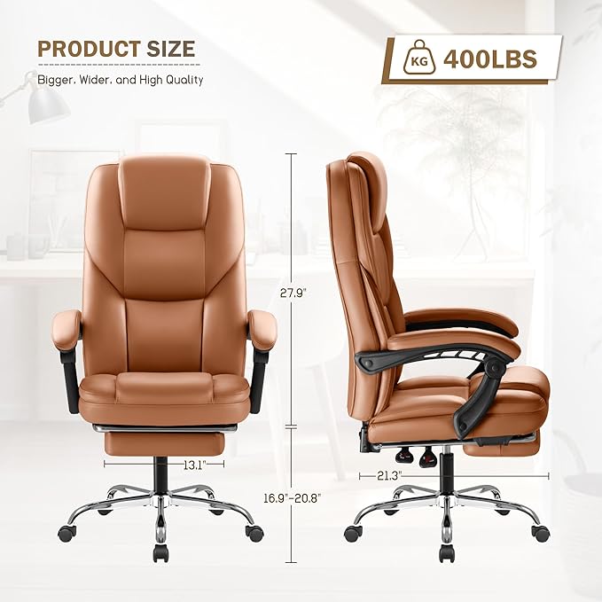 Furmax Executive Office Chair with Foot Rest Big and Tall Office Chair Ergonomic Home Office Desk Chairs Reclining High Back Leather Chair with Lumbar Support, 400LBS (Brown)