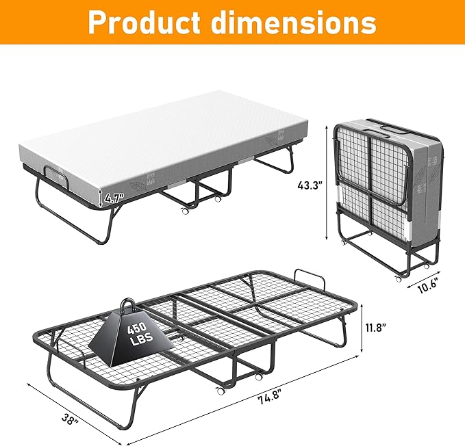 Folding Bed with Mattress, 75" x 38" Twin Size Rollaway Bed on Wheels, Foldable Metal Frame & Storage Pocket, Space-Saving Portable Cot for Adults, Home, Office, Apartment