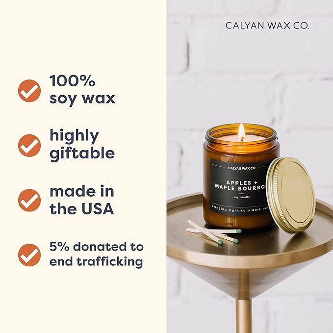 Calyan Wax Co. Mahogany & Cashmere Scented Candle - 57 Hour Burn - Luxury Non Toxic Soy Wax Candles - Long Lasting Amber Glass Jar Candle for Home - 7.2oz