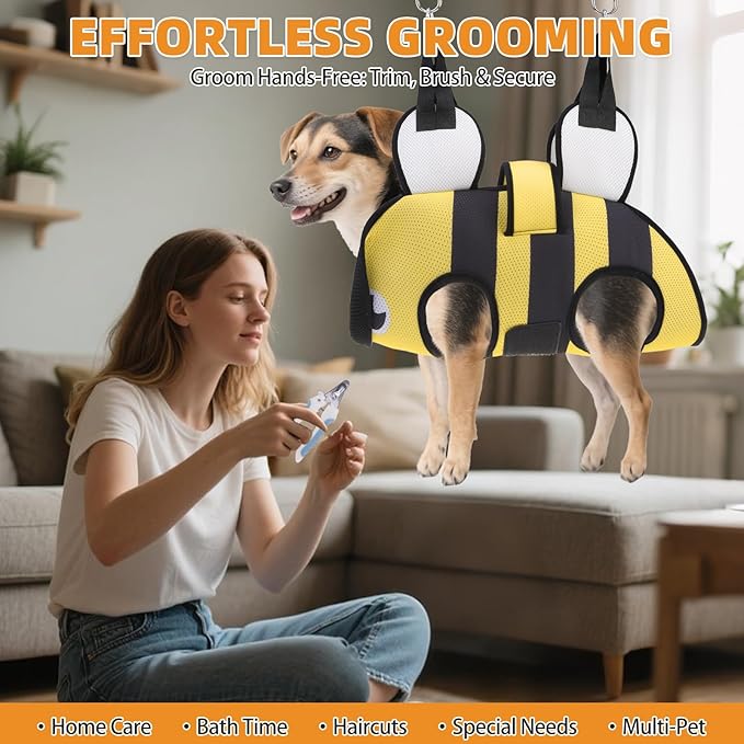Dog Grooming Hammock for Small Dogs Cats, Cute Bee Design Dog Hanging Harness for Nail Trimming/Clipping, Pet Sling with Grooming Kit and Thick Neck Support & Strap Restraint Claw Care, M