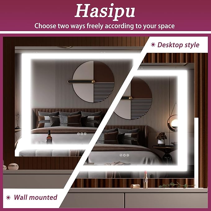 Hasipu Vanity Mirror with Lights, 24.2" x 19.7" LED Makeup Mirror, Light up Mirror with 10X Magnification and USB, Phone Holder, Smart Touch 3 Colors Dimmable, 360° Rotation (Right Angle White)