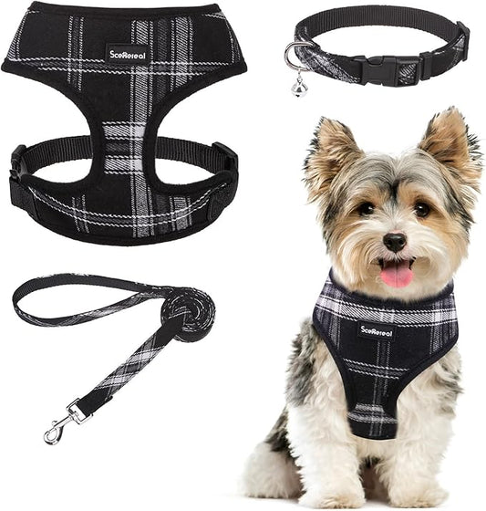 SCENEREAL No Pull Dog Harness Collar and Leash Set Small Medium Sized Dog, Soft Mesh Step in Puppy Harnesses, No Chock Plaid Adjustible Pet Vest for Outdoor Walking Training and Running, Black XS