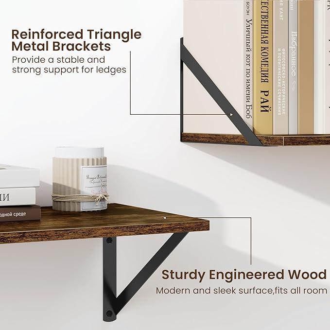 Fun Memories Deep Floating Shelves for Wall, 24W x 8D Wall Mounted Shelves Set of 2, Wide Display Ledge Shelf with Sturdy Metal Brackets for Living Room, Bathroom, Bedroom and Kitchen, Rustic Brown