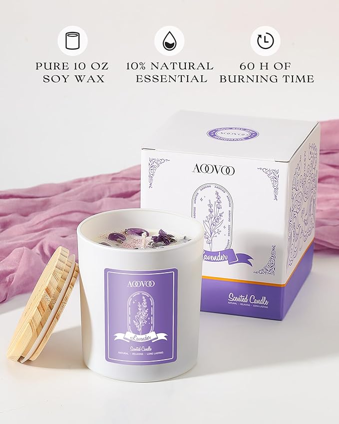 AOOVOO Lavender Scented Candles for Women - Aromatherapy Candle with Crystals Inside, 10oz Soy Candles for Home Scented, Birthday Gifts Christmas Candle for Women Mom